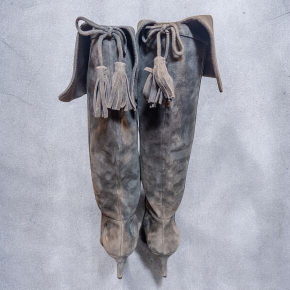 Lord & Taylor 424 Fifth Gray Suede Foldover Knee High Heeled Boots Size 6 - Picture 4 of 8